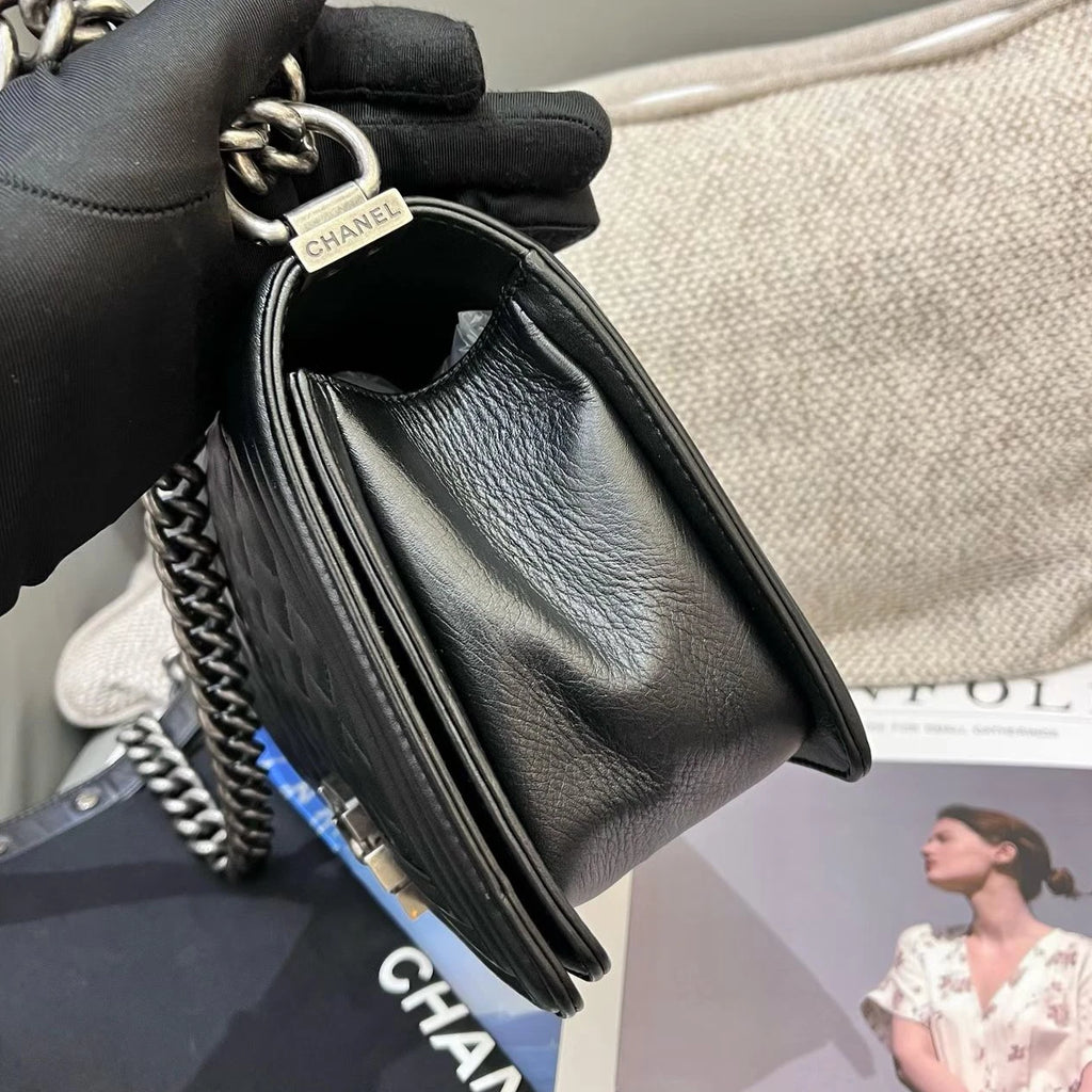 Chanel Leboy MM Calfskin Chain Shoulder Crossbody Black Silver Women Classic