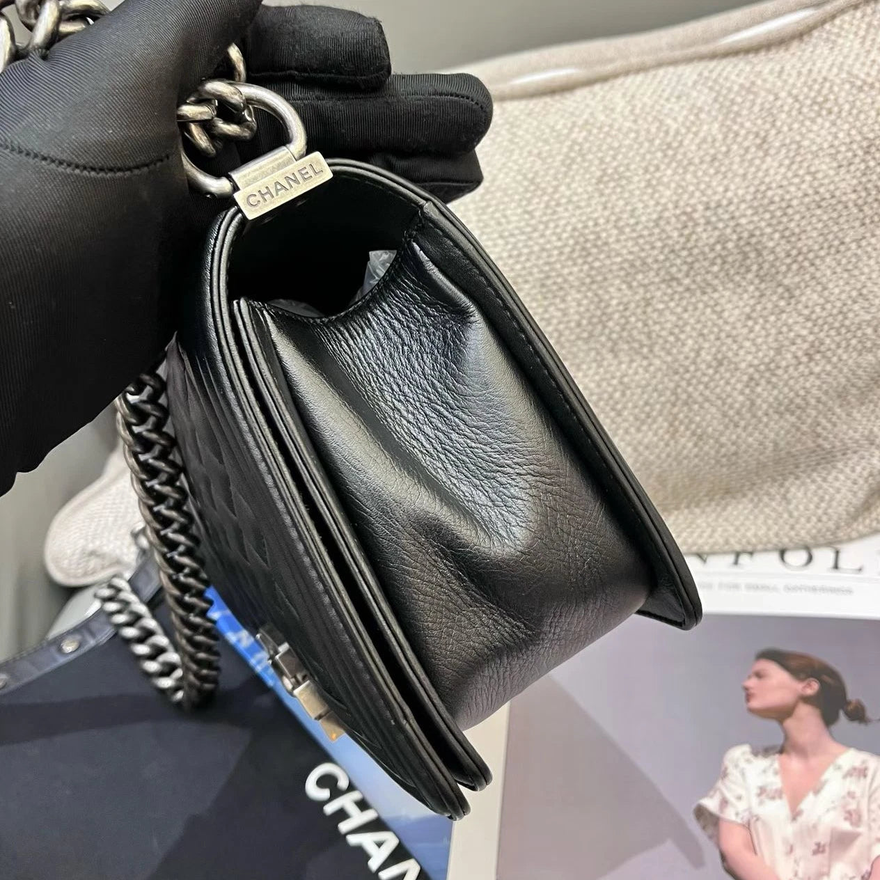 Chanel Leboy MM Calfskin Chain Shoulder Crossbody Black Silver Women Classic