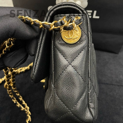 Chanel Coin Chain Crossbody Bag Black Gold Quilted Classic Women's Fashion