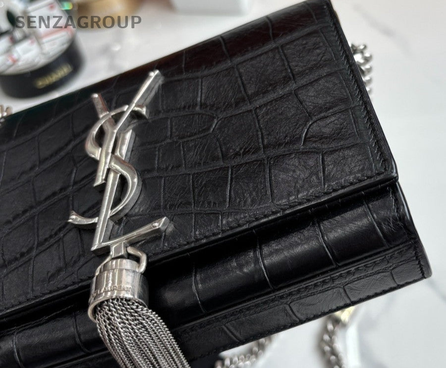 YSL Saint Lauren Kate Chain Shoulder Crossbody Bag Black Silver Classic