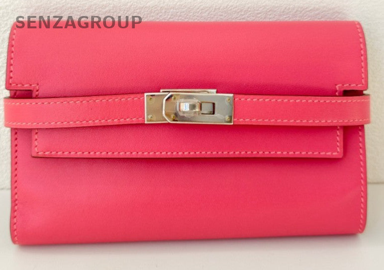 Hermes Kelly Long Wallet Clutch Silver Hardware Pink Used Women Classic Designer