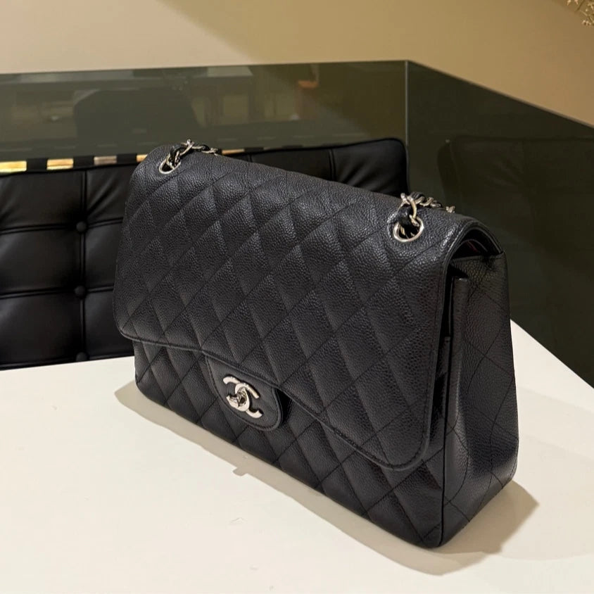 CHANEL Classic Flap Jumbo Black Caviar Leather Silver Hardware Bag