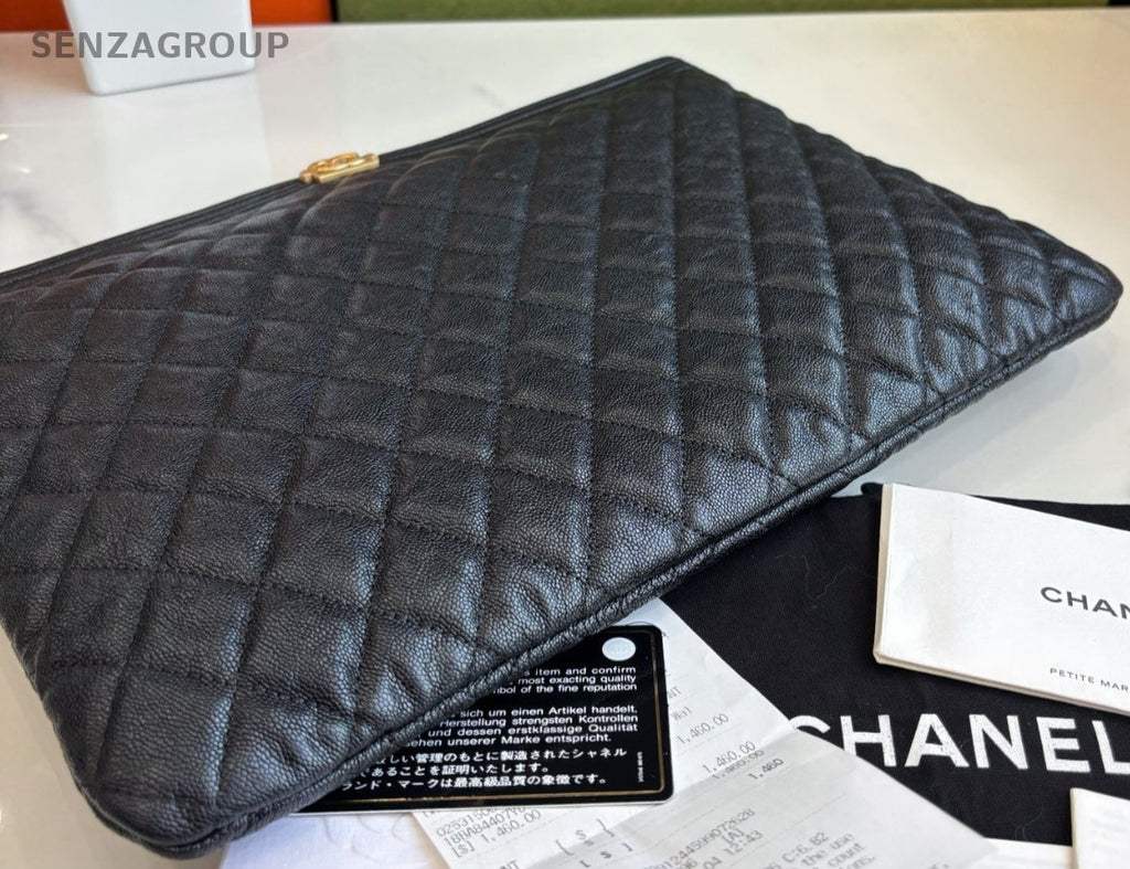 CHANEL Leboy Calfskin Clutch Handbag Black Gold Almost Brand NEW