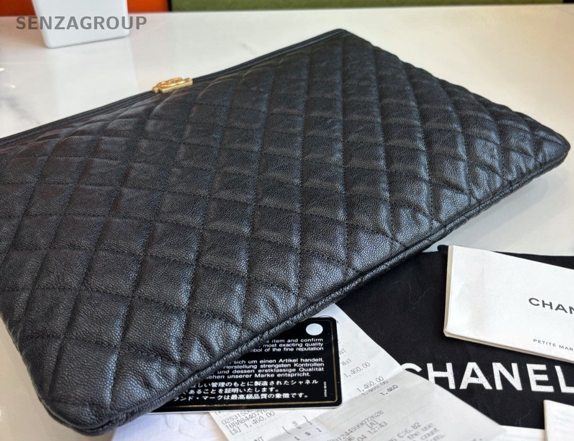 CHANEL Leboy Calfskin Clutch Handbag Black Gold Almost Brand NEW