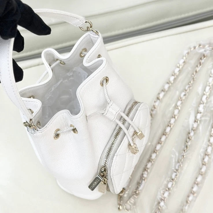 Chanel Bucket Mini Calfskin Shoulder Crossbody Bag White Gold Women Fashion S