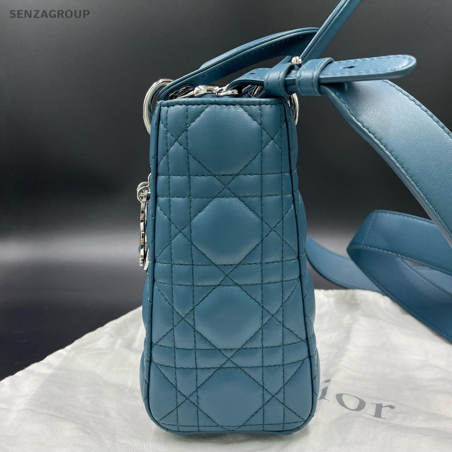 Christian Dior Lady Dior 2Way Top Handle Bag Crossbody Blue Silver Women Classic