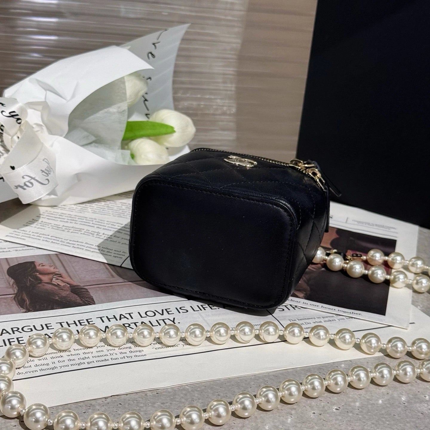 CHANEL Pearl Chain Box Makeup Clutch Crossbody Bag For Women