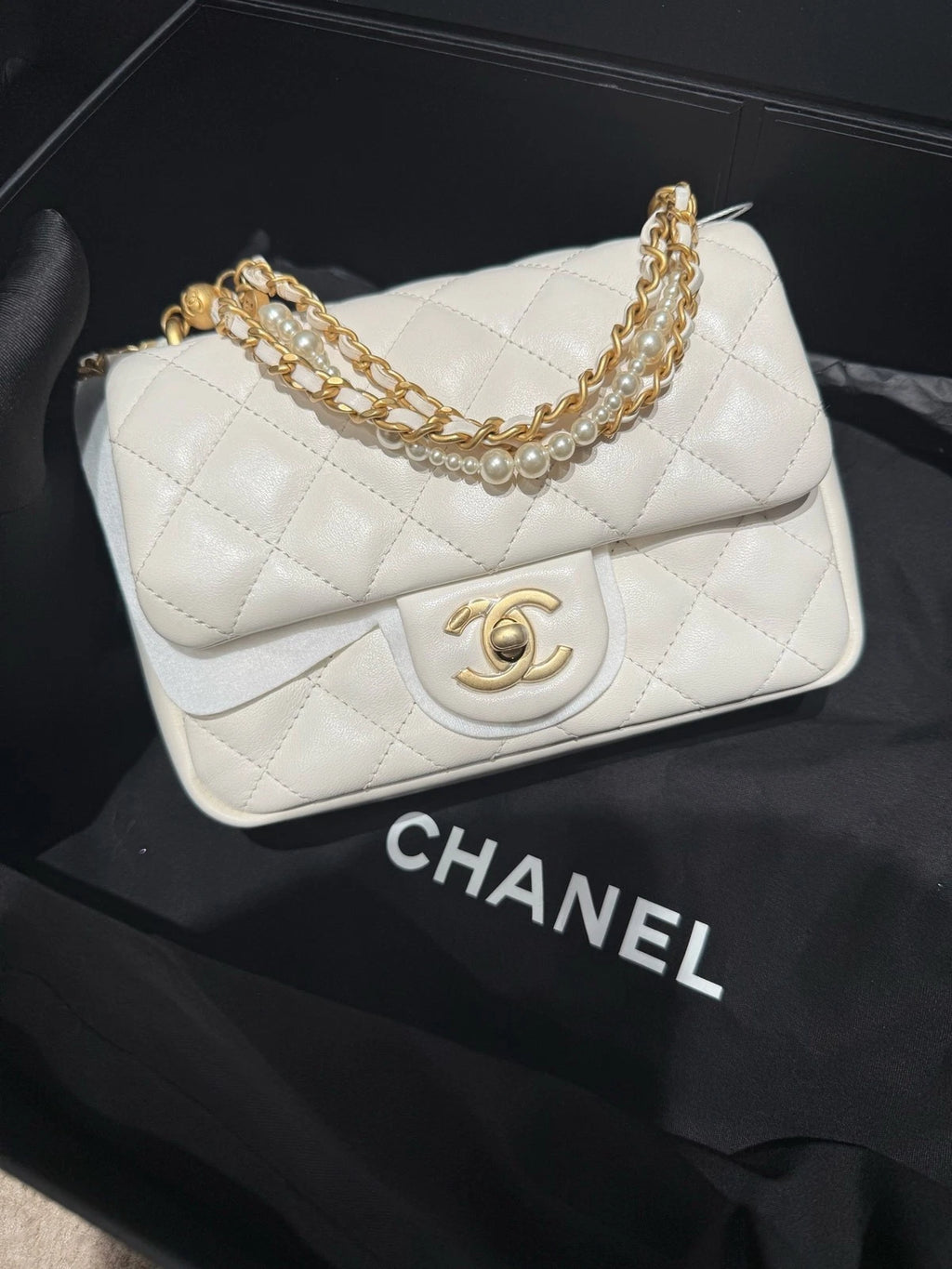 Chanel Pearl Chain White Gold Square Crossbody Bag For Women