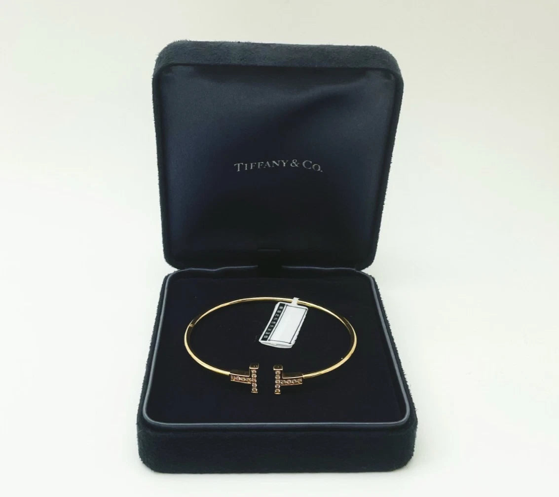 Tiffany &amp; Co. Tiffany T 18K Rose Gold Narrow Wire Cuff Bracelet Diamonds