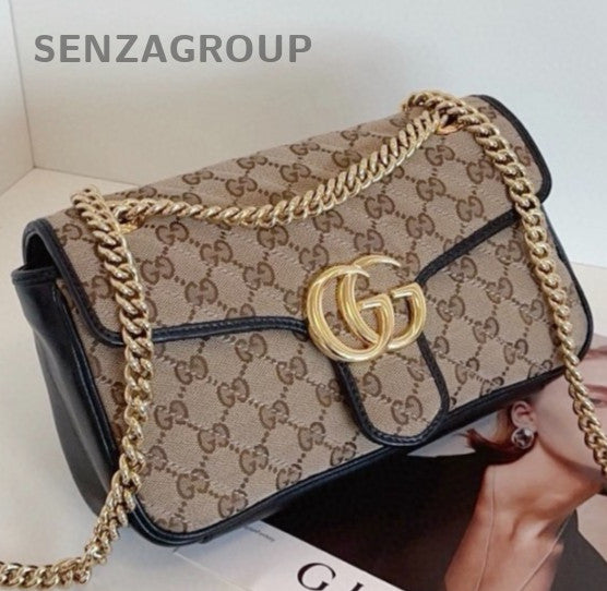 Gucci Marmont Canvas Chain Shoulder Bag Crossbody Brown Gold Women Classic
