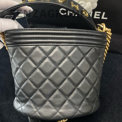Chanel Le Boy Chevron Quilted Bucket Bag Black Gold Chain Crossbody