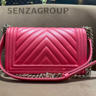 Chanel Le Boy Classic Calfskin Chain Shoulder Bag Small Red Silver