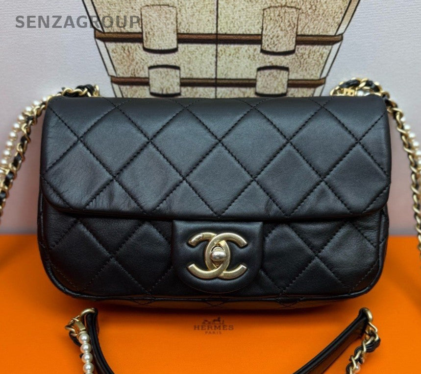 Chanel Classic Flap Pearl Chain Shoulder Bag Black Gold Diamond Women Fashion