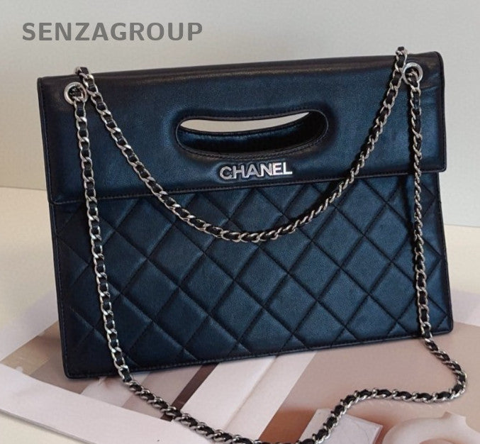 Chanel Satchel Top Handle Bag Chain Shoulder Bag Crossbody Black Silver Women