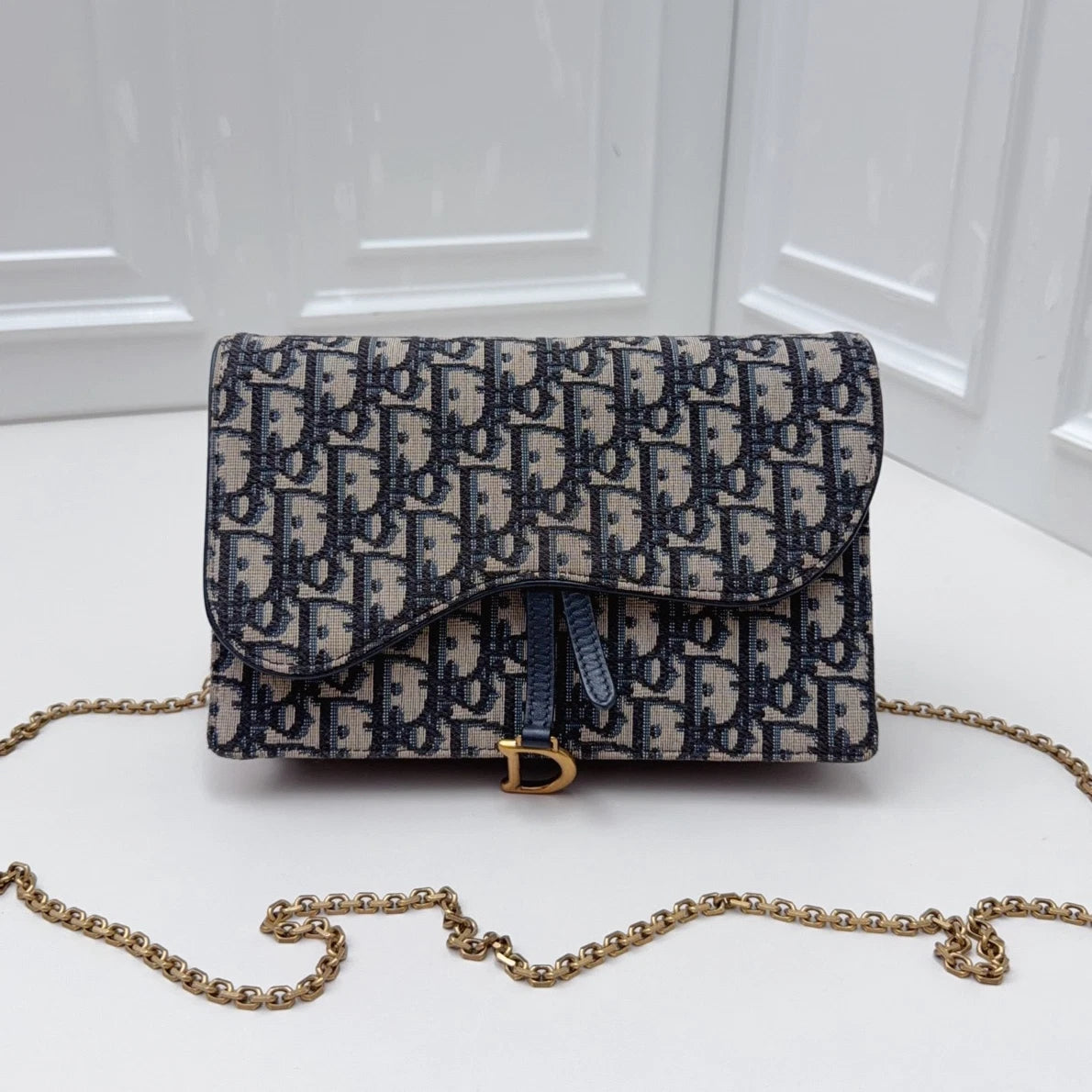Christian Dior Oblique Canvas WOC Gold Chain Navy Shoulder Bag Crossbody