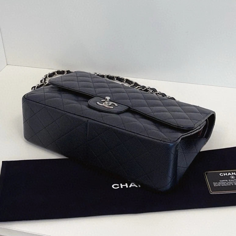 Chanel Classic Flap Jumbo Chain Shoulder Crossbody Diamond Black Silver Women
