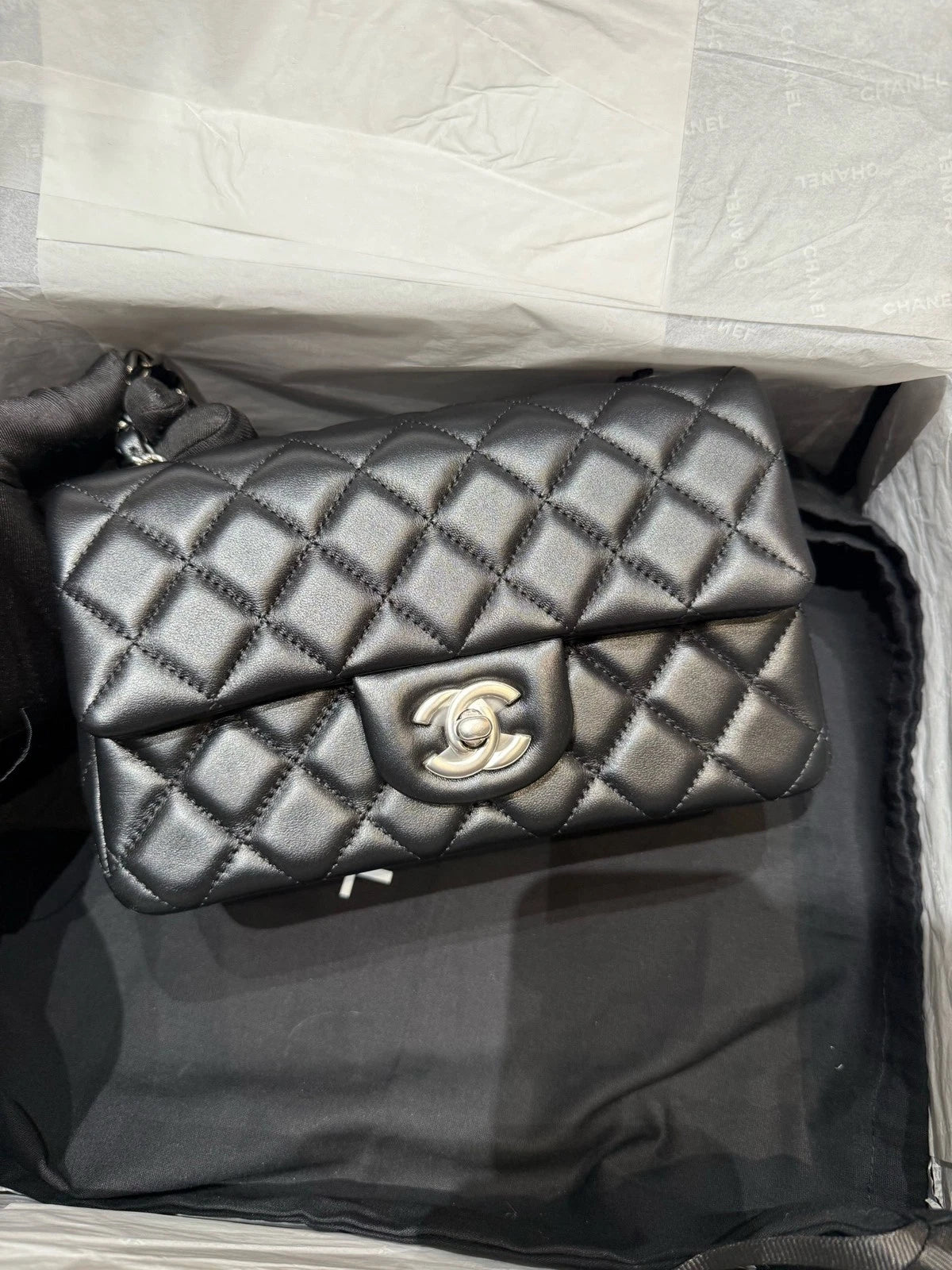 CHANEL Large Mini Lamskin Black Silver Crossbody Bag For Women