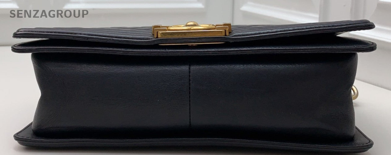 Chanel Leboy Calfskin Chain Shoulder Bag Black Gold Women Classic Designer