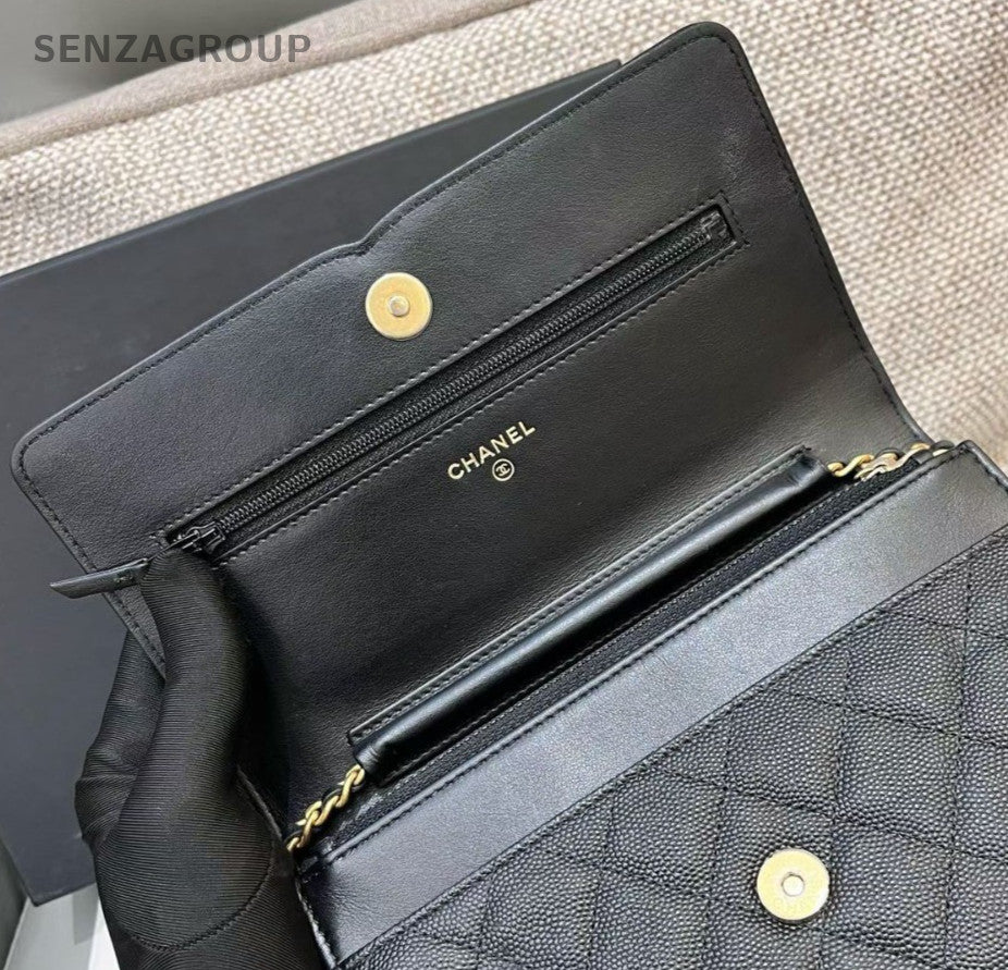 Chanel Vanity WOC Chain Shoulder Bag Crossbody Black Gold Diamond Women Classic