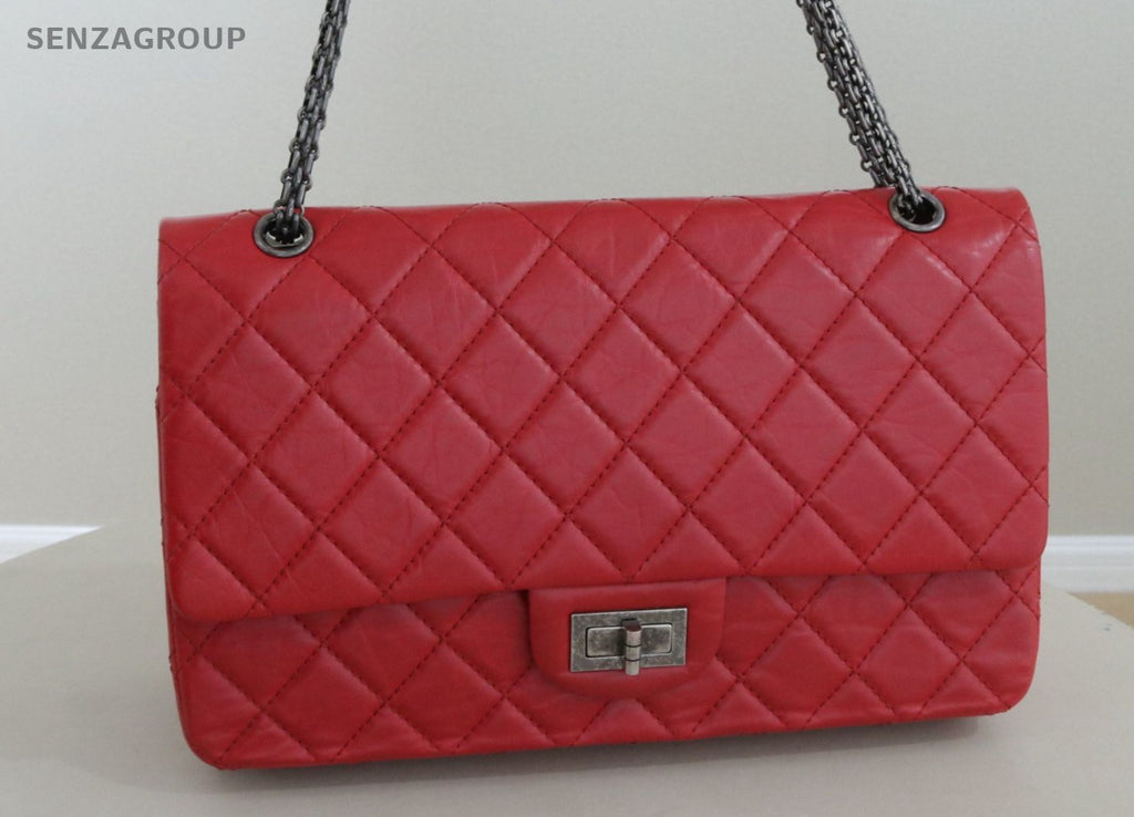 CHANEL 2.55 GM Diamond Pattern Calfskin Chain Shoulder bag Red Silver Women