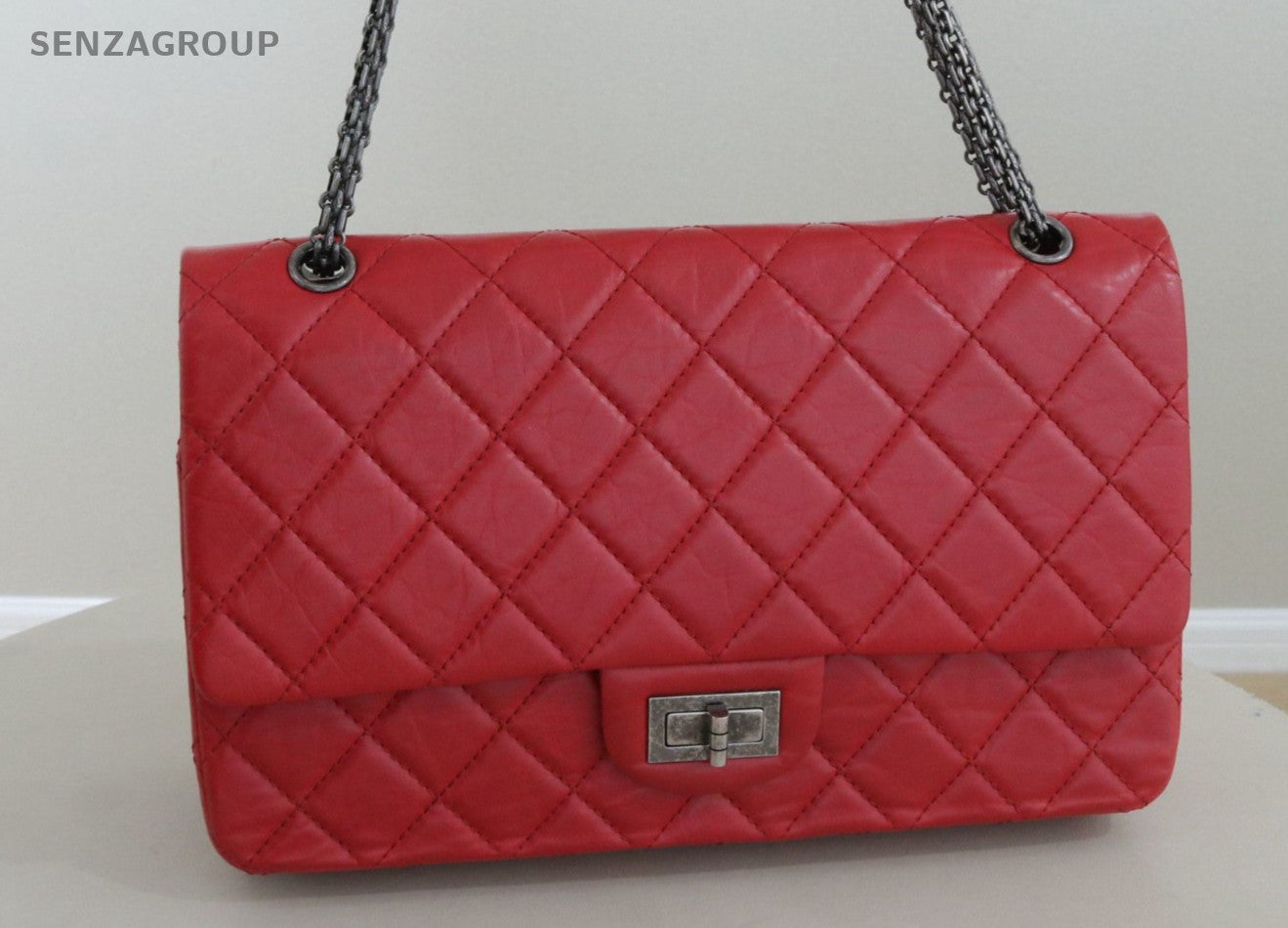 CHANEL 2.55 GM Diamond Pattern Calfskin Chain Shoulder bag Red Silver Women