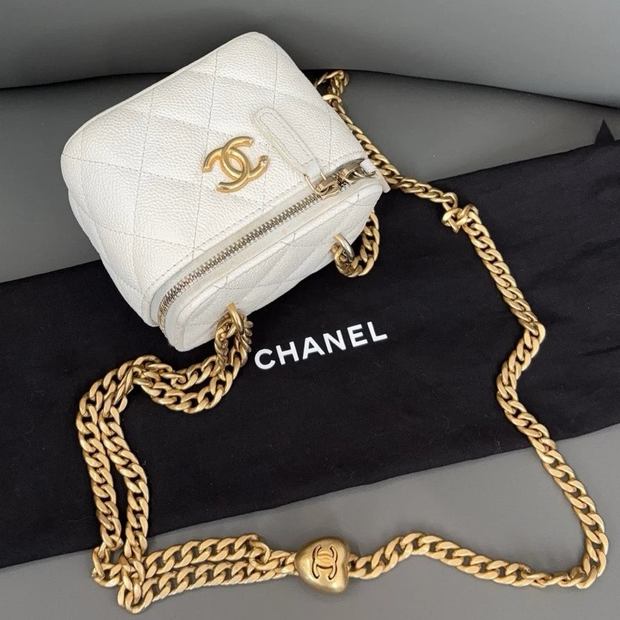 Authentic Chanel Chain Box Calfskin Shoulder Crossbody Bag White GHD