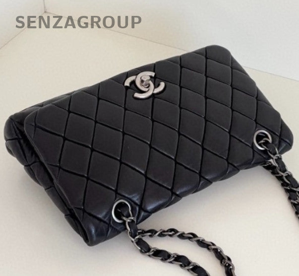 Chanel Classic Flap Chain Lambskin Shoulder Bag Black Silver Women Fashion
