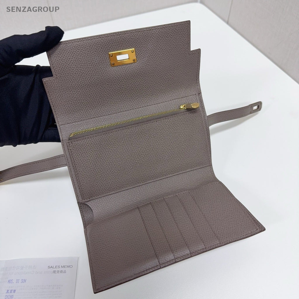 Hermes Kelly Medium Wallet Gray Gold Used Women Classic Designer