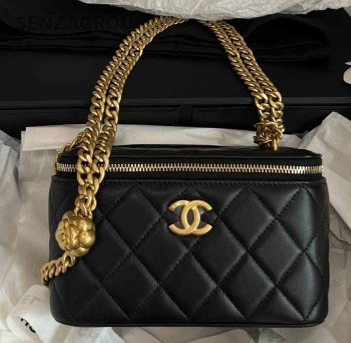 Chanel 23S Lambskin Chain Crossbody Black Gold Diamond Women Classic Fashion