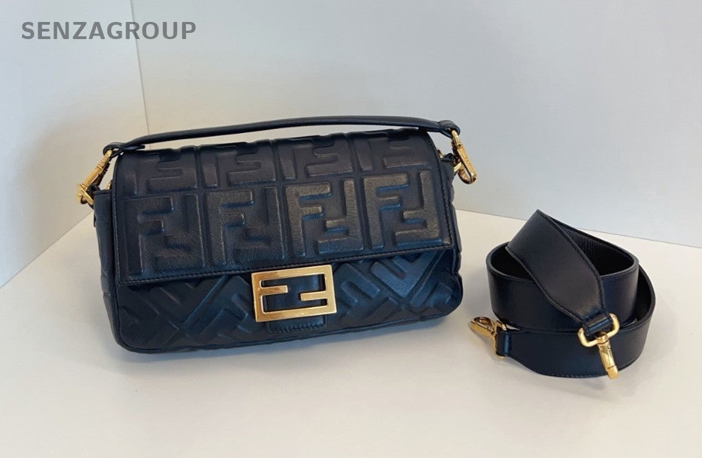 FENDI Baguette MM Monogram 2WAY Shoulder Handbag Black Gold Women