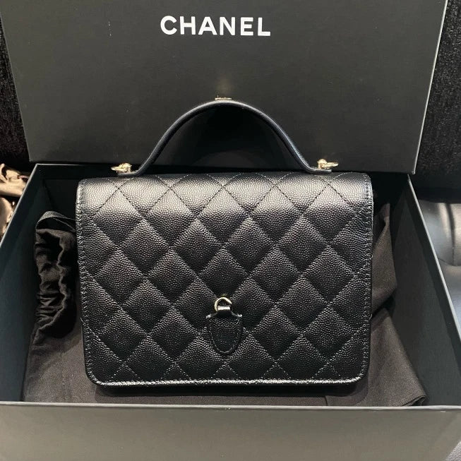 Chanel Calfskin Backpack Mini Top Handle Bag Black Gold Women D