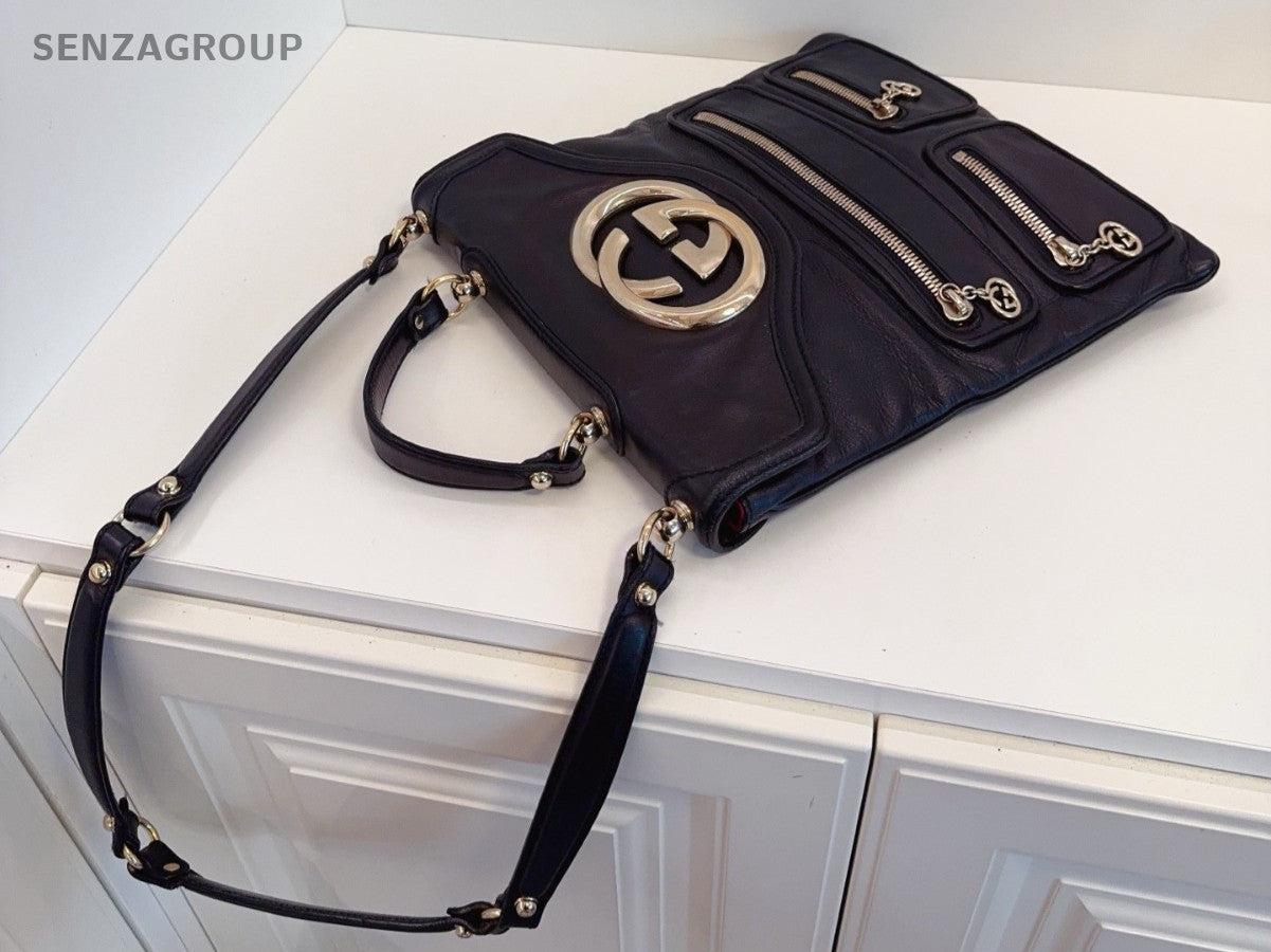 GUCCI GG Logo Top Handle 2way Shoulder Handbag Black Gold Women