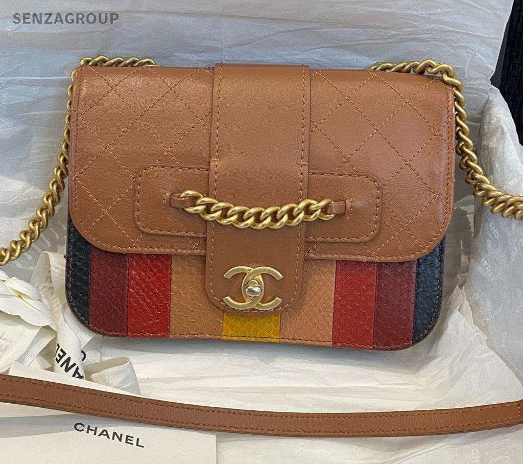 Chanel Bombay MM Calfskin Chain Shoulder Bag Crossbody Brown Gold Women Classic