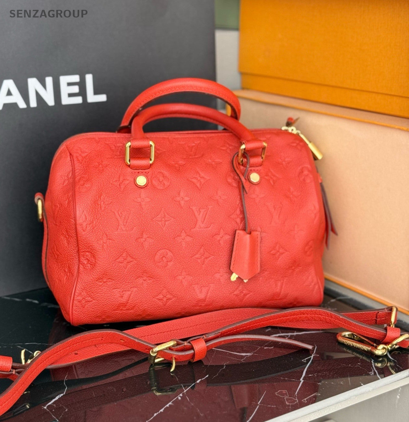 Louis Vuitton Speedy30 Monogram Empreinte 2way Shoulder Handbag Red Gold Women