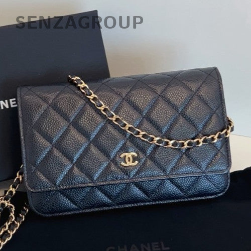 Chanel WOC Chain 2Way Shoulder Bag Crossbody Black Gold Diamond Women Classic