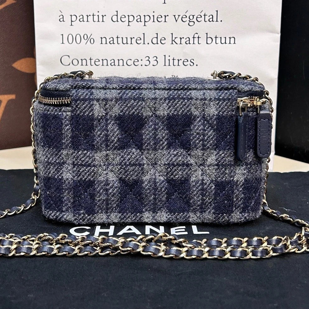Chip Version Chanel Tweed Long Box Gold Chain Navy Shoulder bag Crossbody