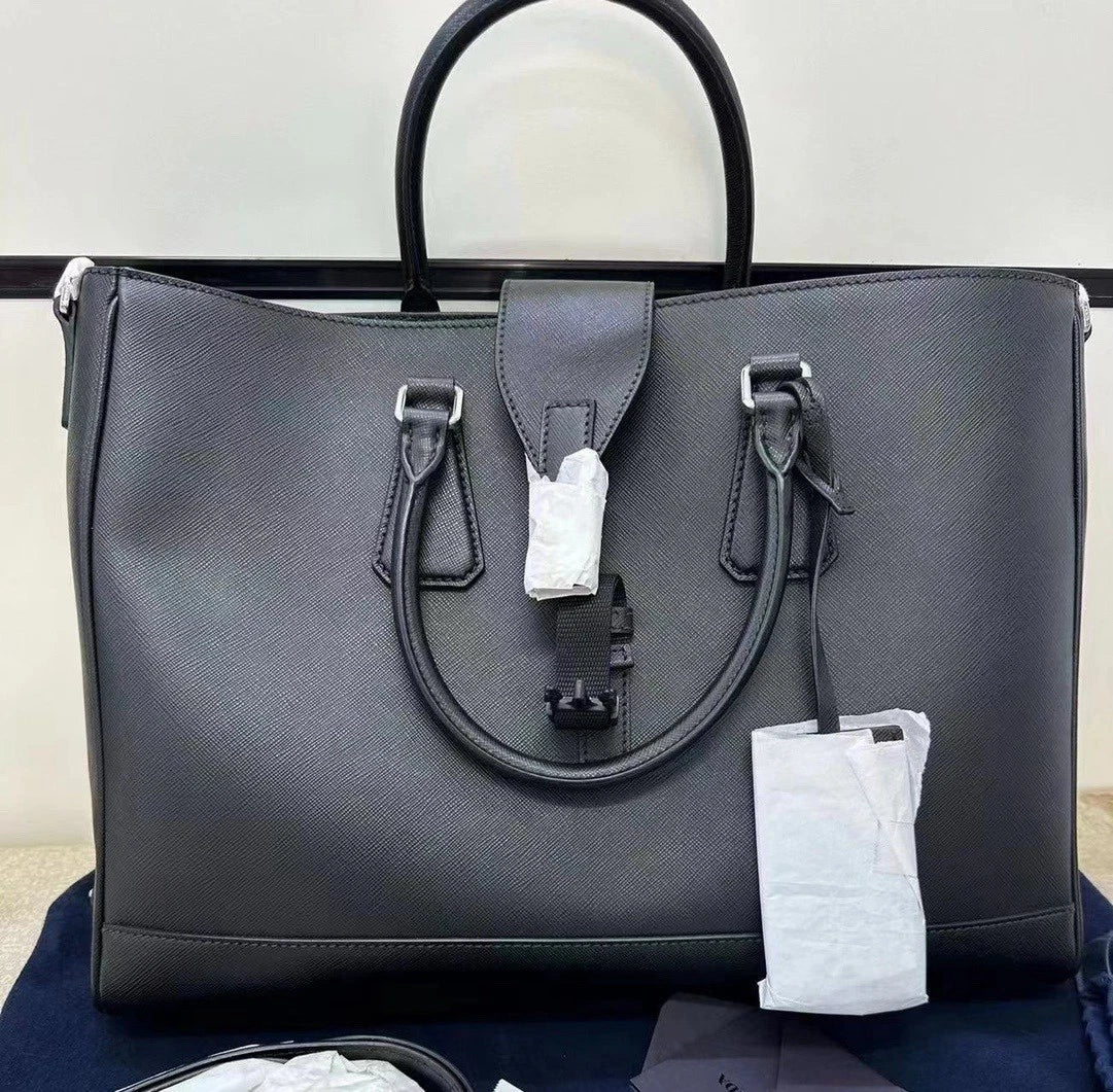 Prada Black Crossgrain Leather Tote Handbag Shoulder Crossbody Women