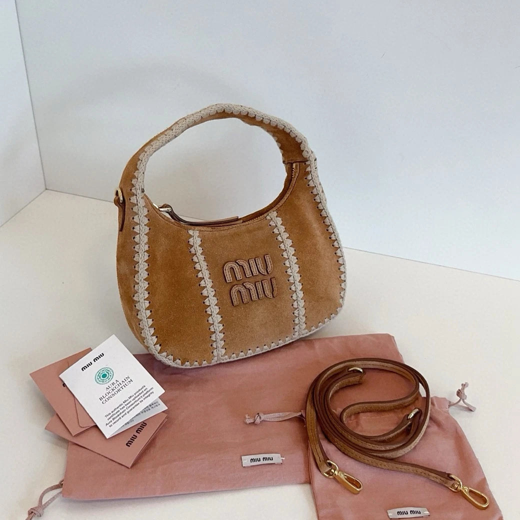 Miu Miu Wander Suede Top Handle Shoulder Bag Brown Gold Women Classic