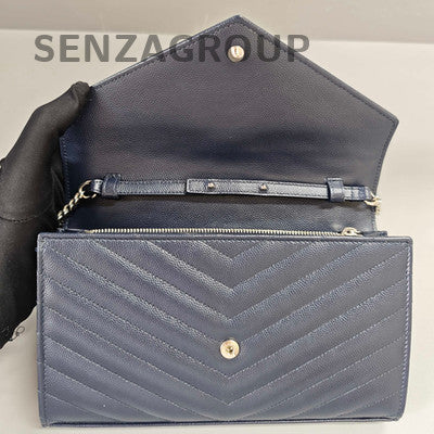 YSL Envelope WOC Chain Shoulder Crossbody Bag Navy Blue Silver Hardware