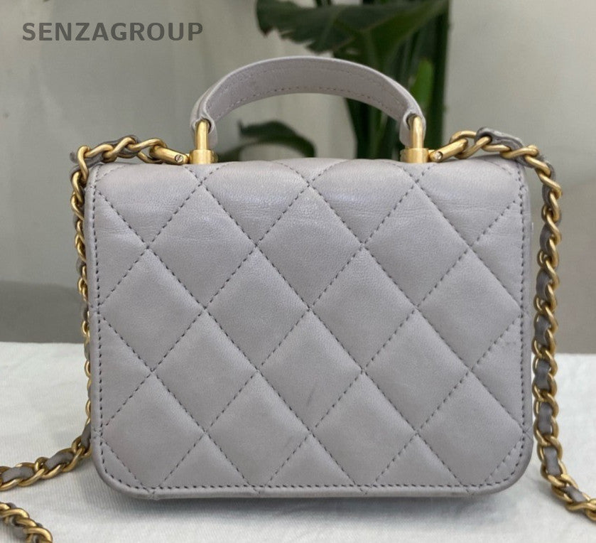 Chanel Lambskin Diamond Chain Shoulder Crossbody Gray Gold Used Women Classic