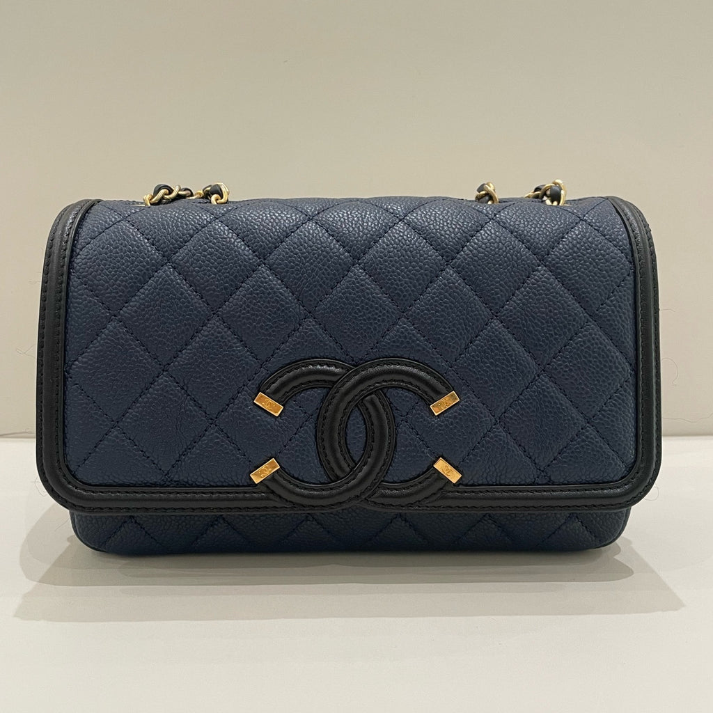 Chanel Filigree Blue Gold Quilted Chain Shoulder Crossbody Bag Classic Women