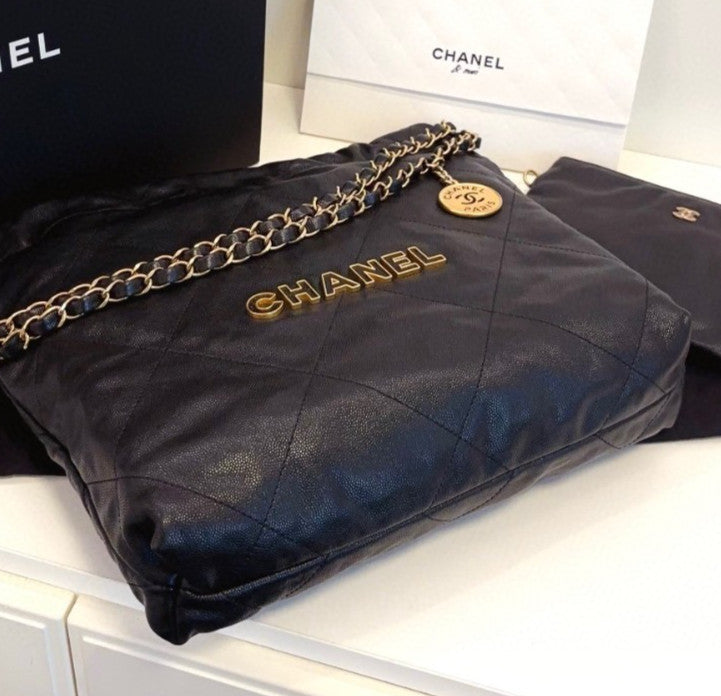 Chanel 22Bag PM Chain Shoulder Bag Black Gold Diamond Women Classic