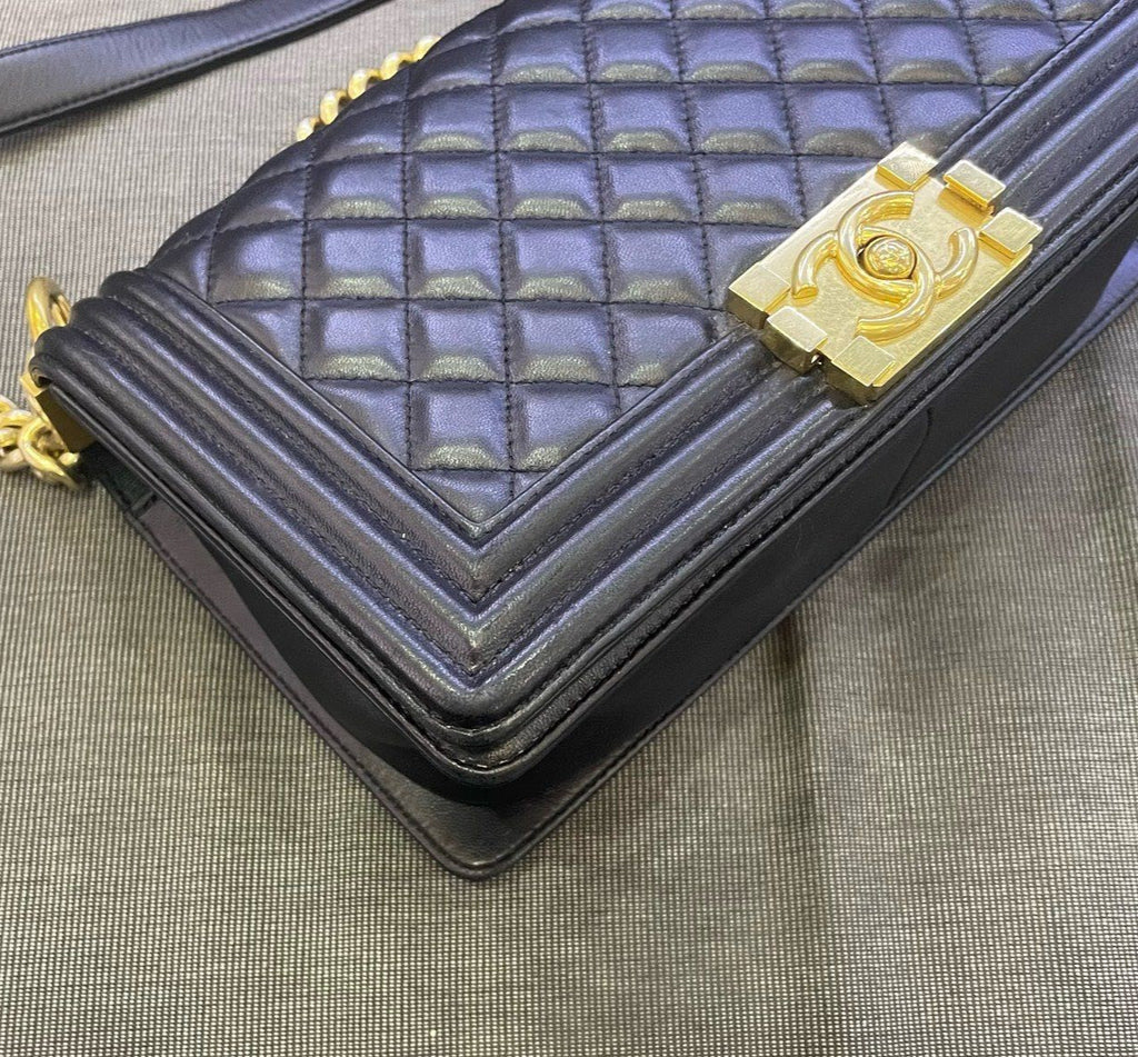 Chanel Leboy MM Lambskin Chain Shoulder Bag Crossbody Black Gold Women Classic