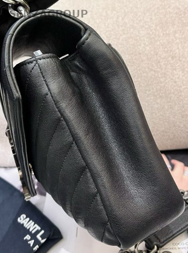 Saint Laurent College Calfskin Chain Shoulder Bag Black Silver Women Classic