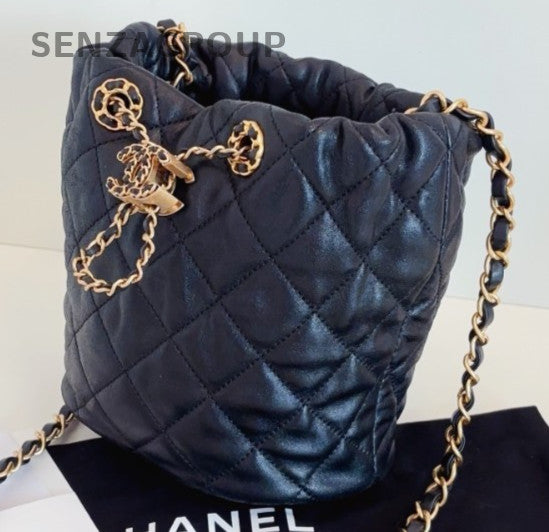 Chanel Diamond Chain Bucket Shoulder Bag Crossbody Black Gold Women Classic