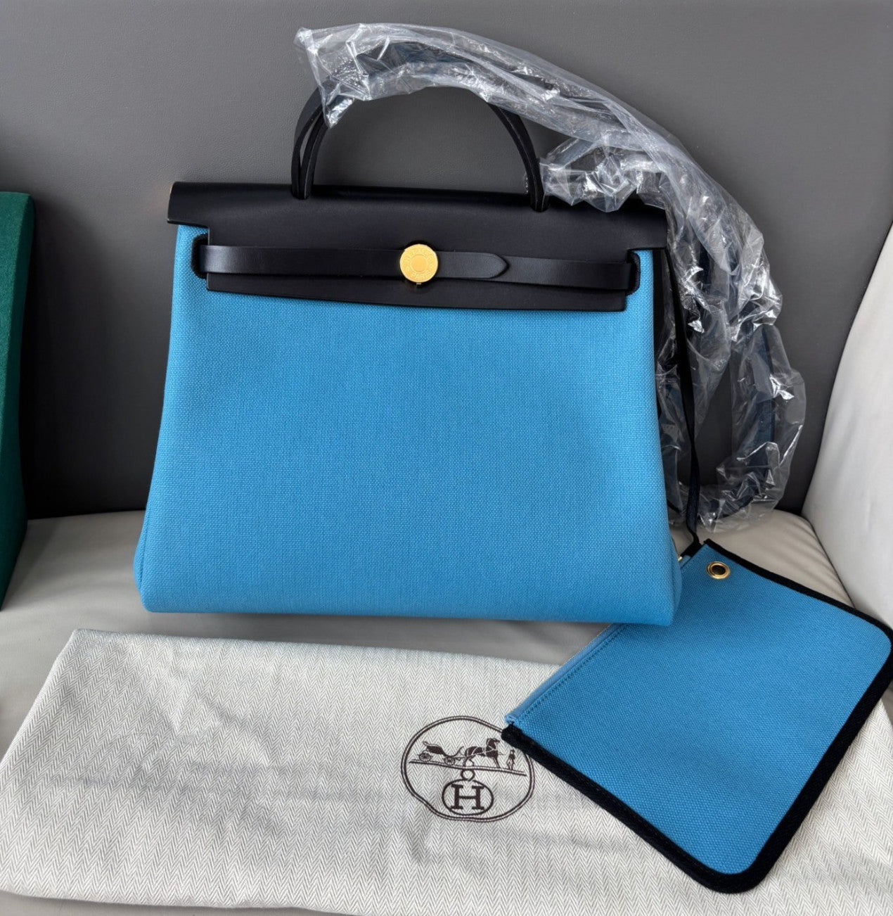 Hermes Herbag31 Top Handle Shoulder Bag Crossbody Blue Black Gold Women Classic