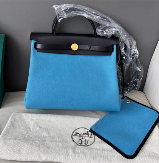 Hermes Herbag31 Top Handle Shoulder Bag Crossbody Blue Black Gold Women Classic