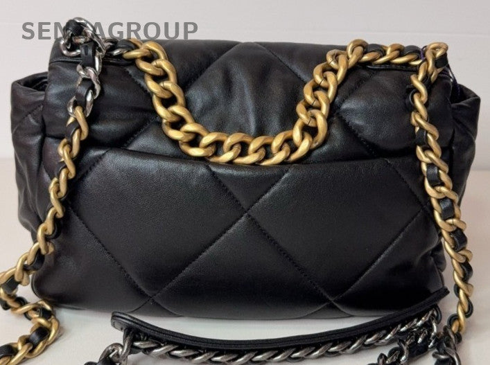 Chanel 19 CC Logo Diamond Pattern Chain Shoulder Bag Black Gold Women Classic