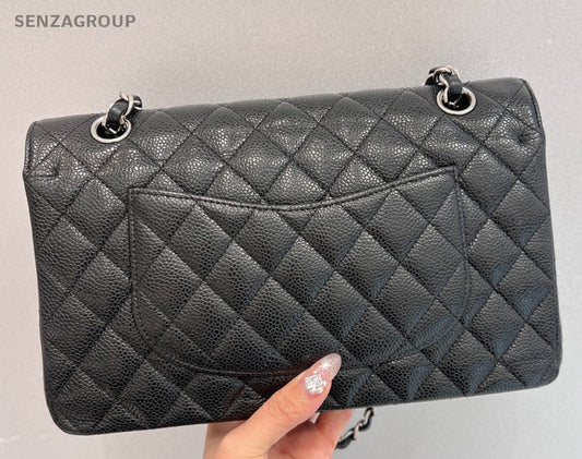 Chanel Classic Flap Calfskin MM Chain Shoulder Bag Black Silver Women Fashion