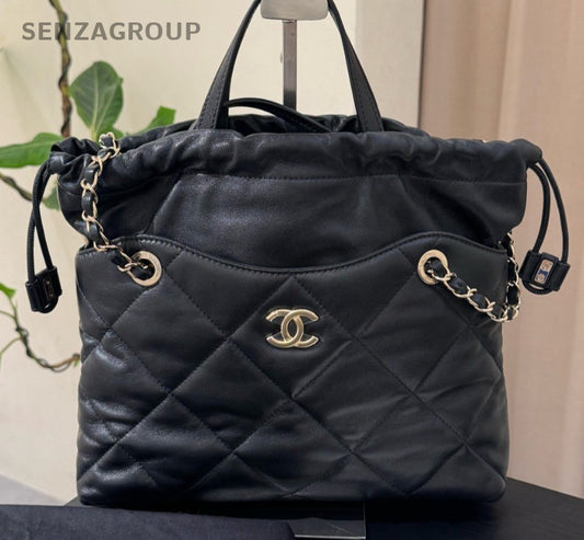 Chanel Drawstring Tote Handbag Chain Shoulder Bag Black Gold Women Classic